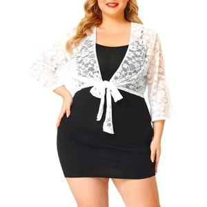 Women's Plus Cardigan Tie Front Floral Hollow Out Lace Draped Cover-Ups  WHITE